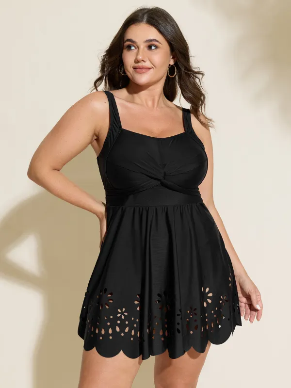 Twist Front Eyelet Trim Hem Swim Dress made by Bloomchic