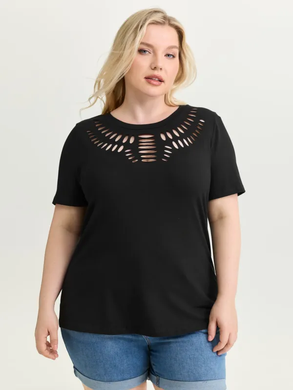Cotton Stretchy Cut-Out Neckline Plain T-Shirt made by Bloomchic