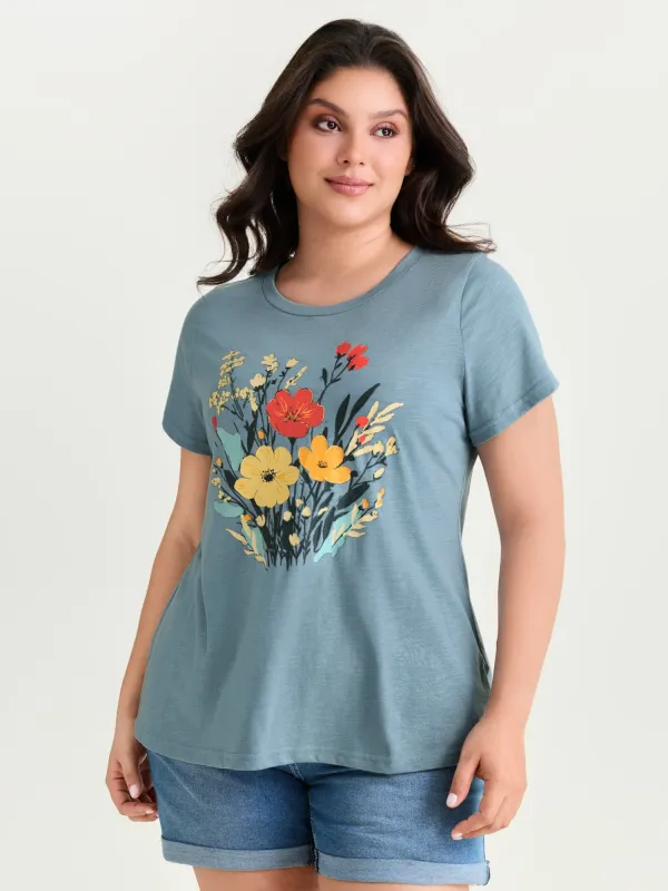 Floral Print Round Neck Textured T-Shirt made by Bloomchic