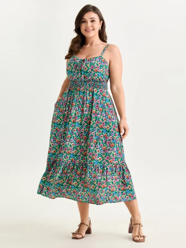 Floral Print Shirred Waist Flowy Midi Dress made by Bloomchic