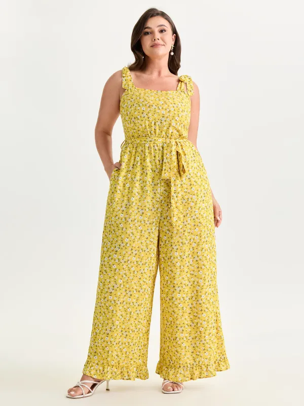 Floral Print Shoulder-Tie Ruffled Hem Jumpsuit made by Bloomchic