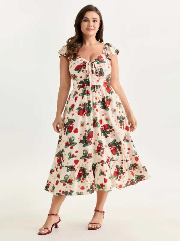 Strawberry Print Ruched Adjustable Bodice Midi Dress made by Bloomchic