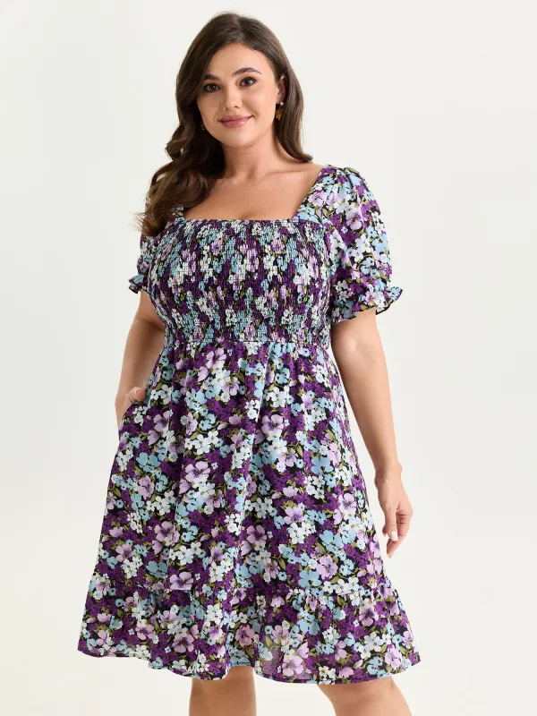 Floral Print Bowknot Puff Sleeve Mini Dress made by Bloomchic