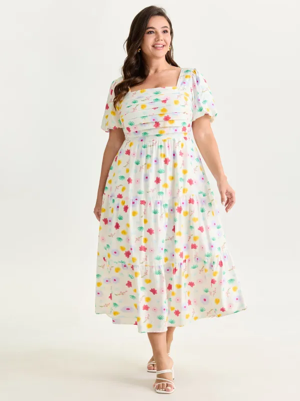 Playful Floral Print Pleated Flowy Midi Dress made by Bloomchic