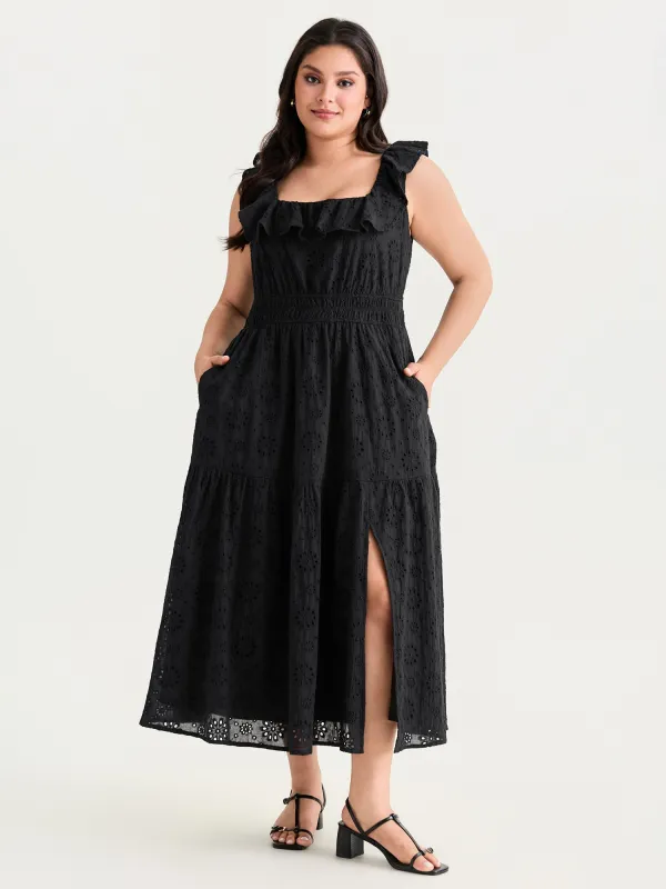 Solid Ruffle Square Neck Trim Maxi Dress made by Bloomchic
