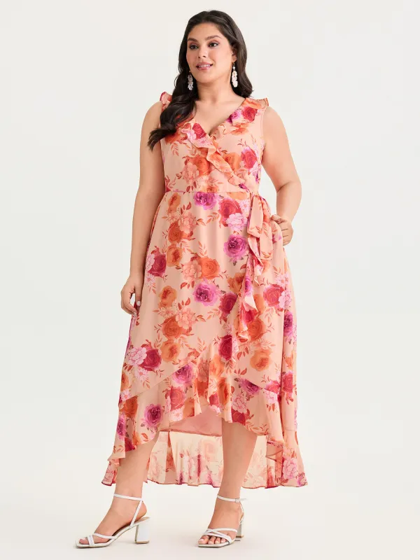 Floral Print Chiffon Flowy High Low Hem Midi Dress made by Bloomchic