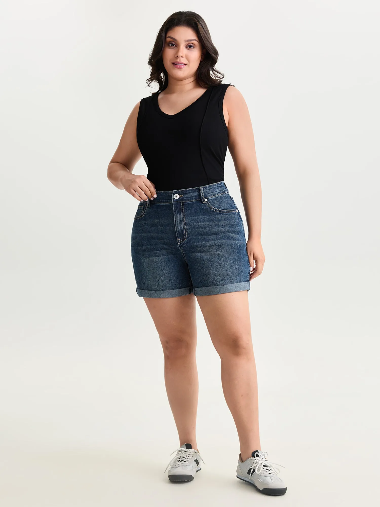 Wash High Waist Cuffed Hem Denim Shorts sold by Bloomchic product image thumbnail 2