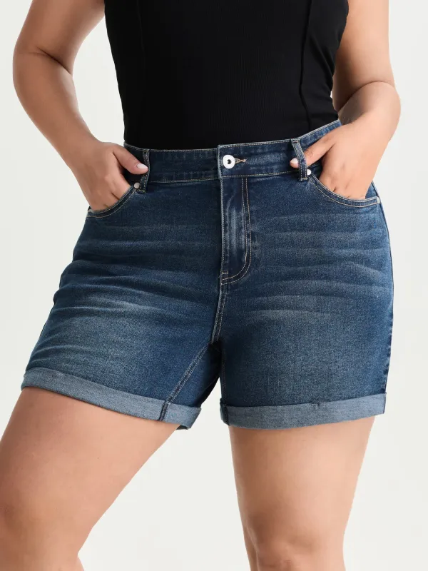 Wash High Waist Cuffed Hem Denim Shorts made by Bloomchic