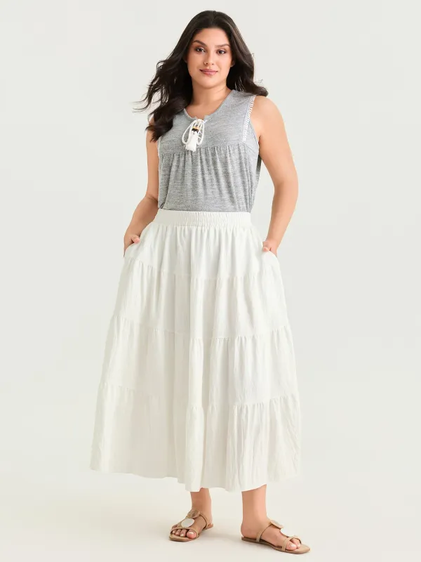 Elastic Waist Flowy Ruffle Layered Maxi Skirt made by Bloomchic
