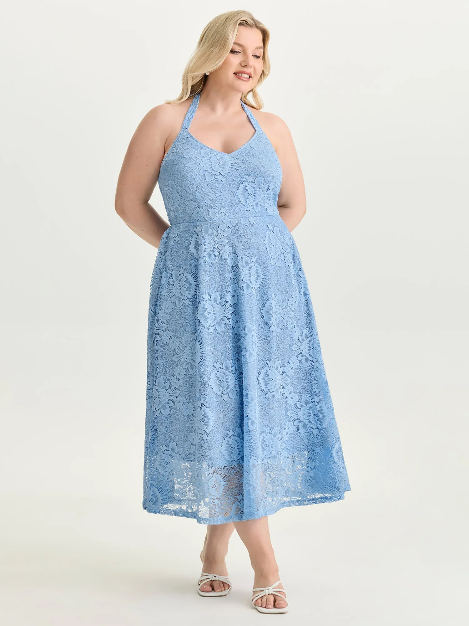 Lace Halter Neck Sleeveless A-Line Midi Dress sold by Bloomchic