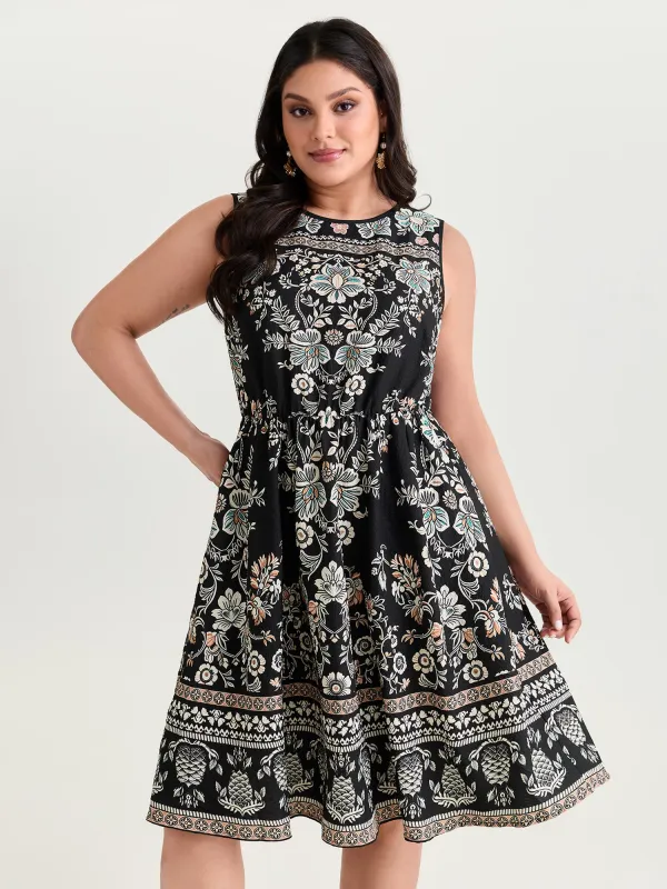 Boho Print Round Neck A-Line Mini Dress made by Bloomchic