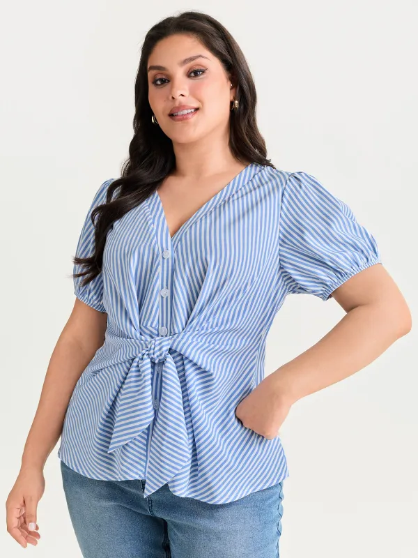 Striped Print Tie-Front Blouse made by Bloomchic