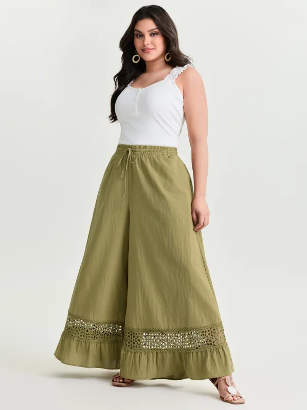 Cotton Lace Trim Drawstring Waist Wide Leg Pants made by Bloomchic