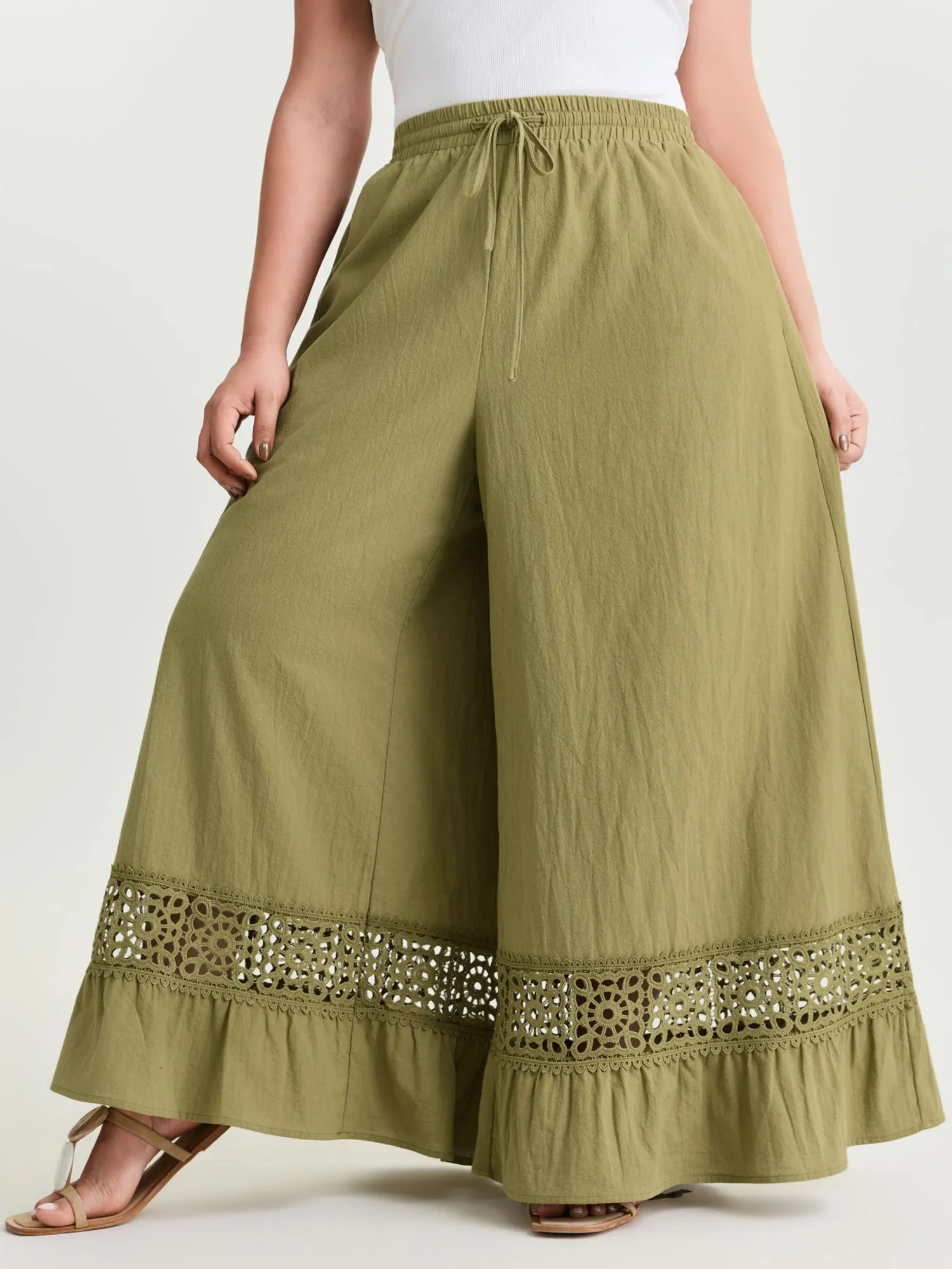 Cotton Lace Trim Drawstring Waist Wide Leg Pants sold by Bloomchic product image thumbnail 2