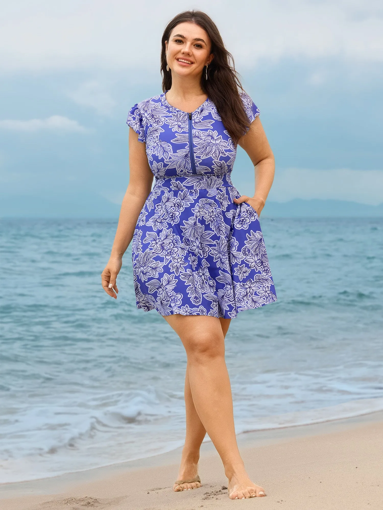 Floral Print Zipper Ruffle Sleeve Swim Dress sold by Bloomchic product image thumbnail 3