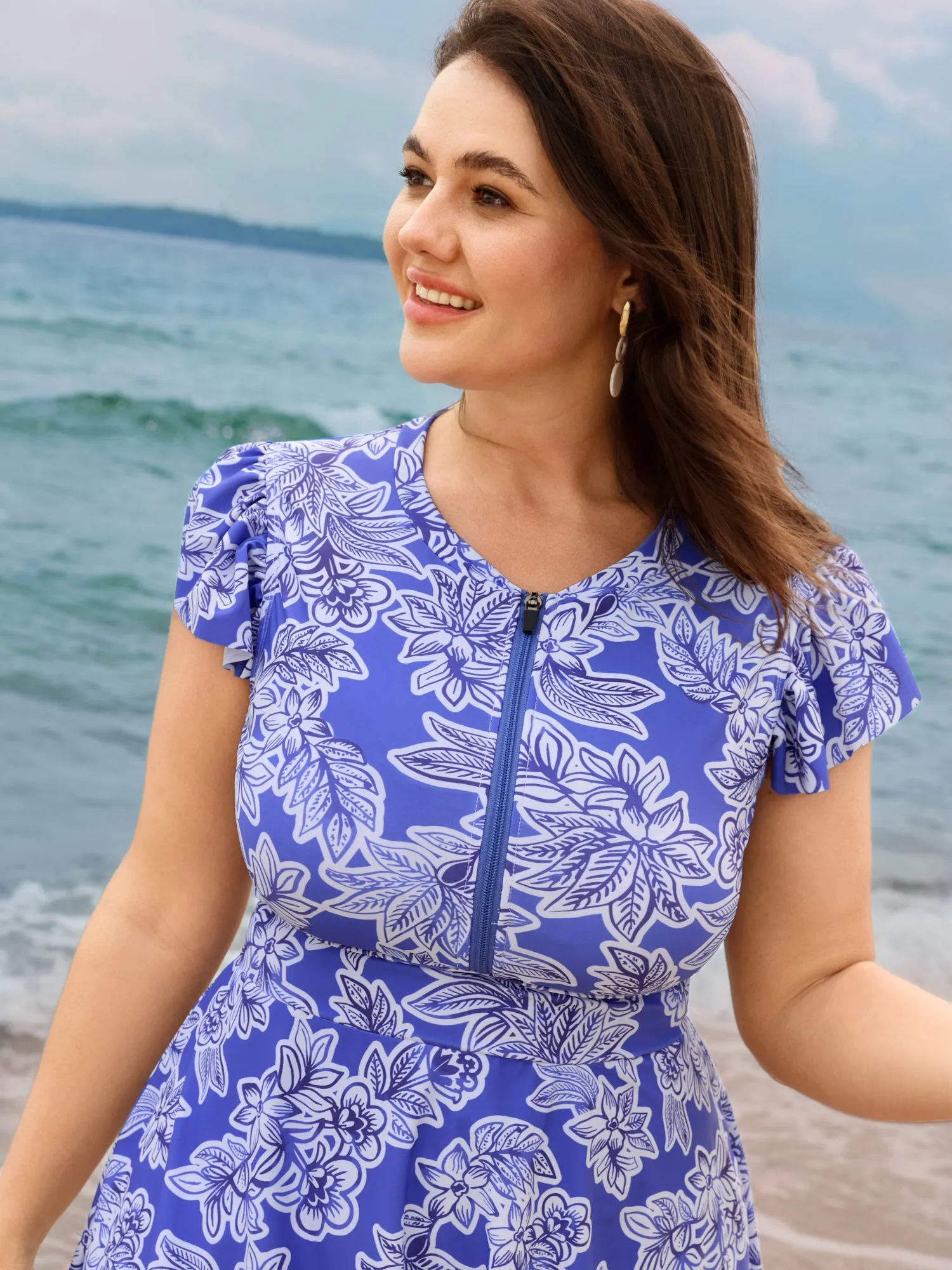 Floral Print Zipper Ruffle Sleeve Swim Dress sold by Bloomchic product image thumbnail 2