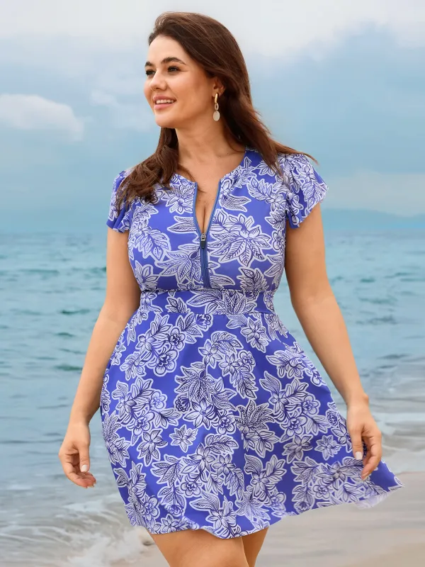 Floral Print Zipper Ruffle Sleeve Swim Dress made by Bloomchic