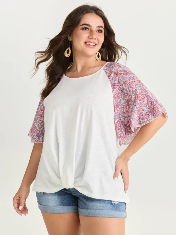 Cotton Floral Print Color Contrast Flared Sleeve T-Shirt made by Bloomchic