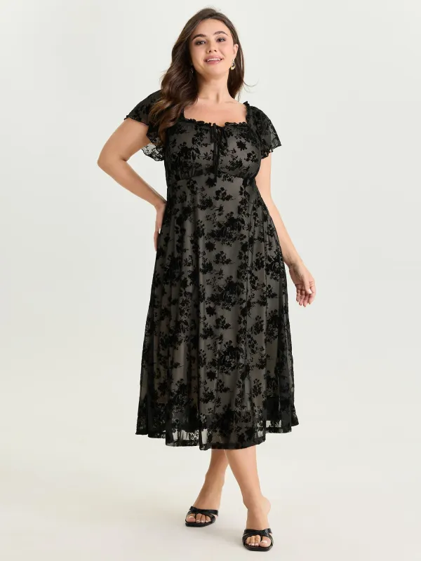Floral Mesh Cut Stretchy Midi Dress made by Bloomchic