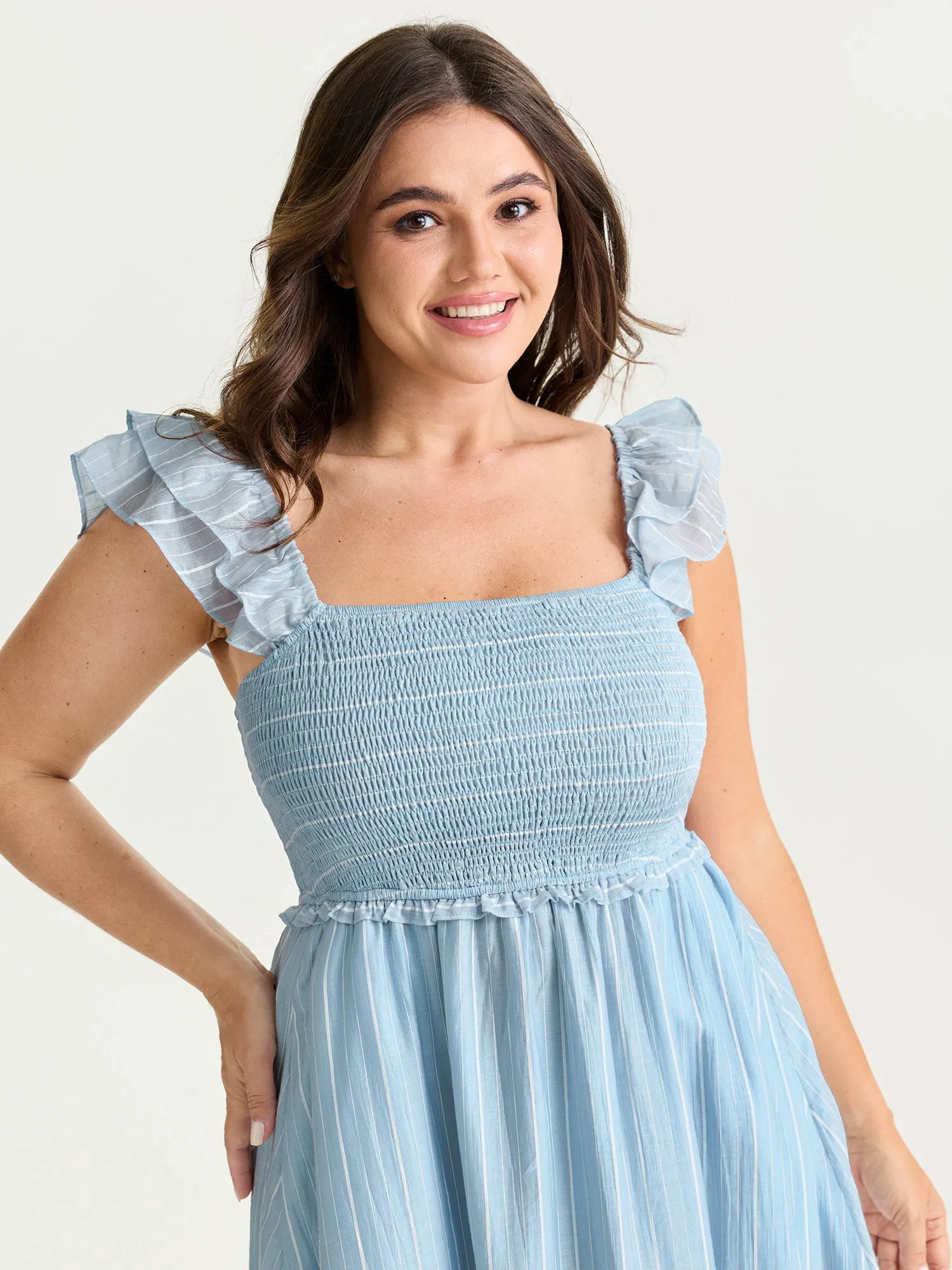 Striped Shirred Ruffled Layered Sleeve Mini Dress sold by Bloomchic product image thumbnail 2