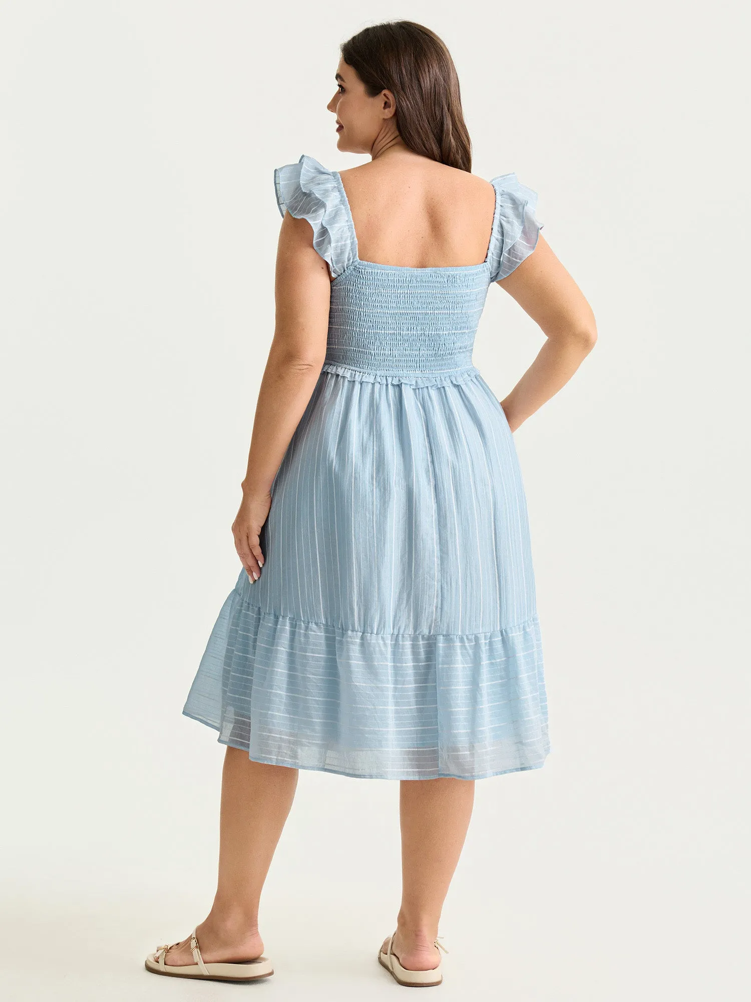 Striped Shirred Ruffled Layered Sleeve Mini Dress sold by Bloomchic product image thumbnail 4
