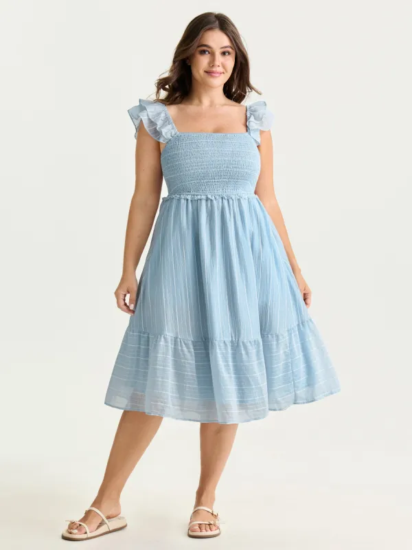 Striped Shirred Ruffled Layered Sleeve Mini Dress made by Bloomchic