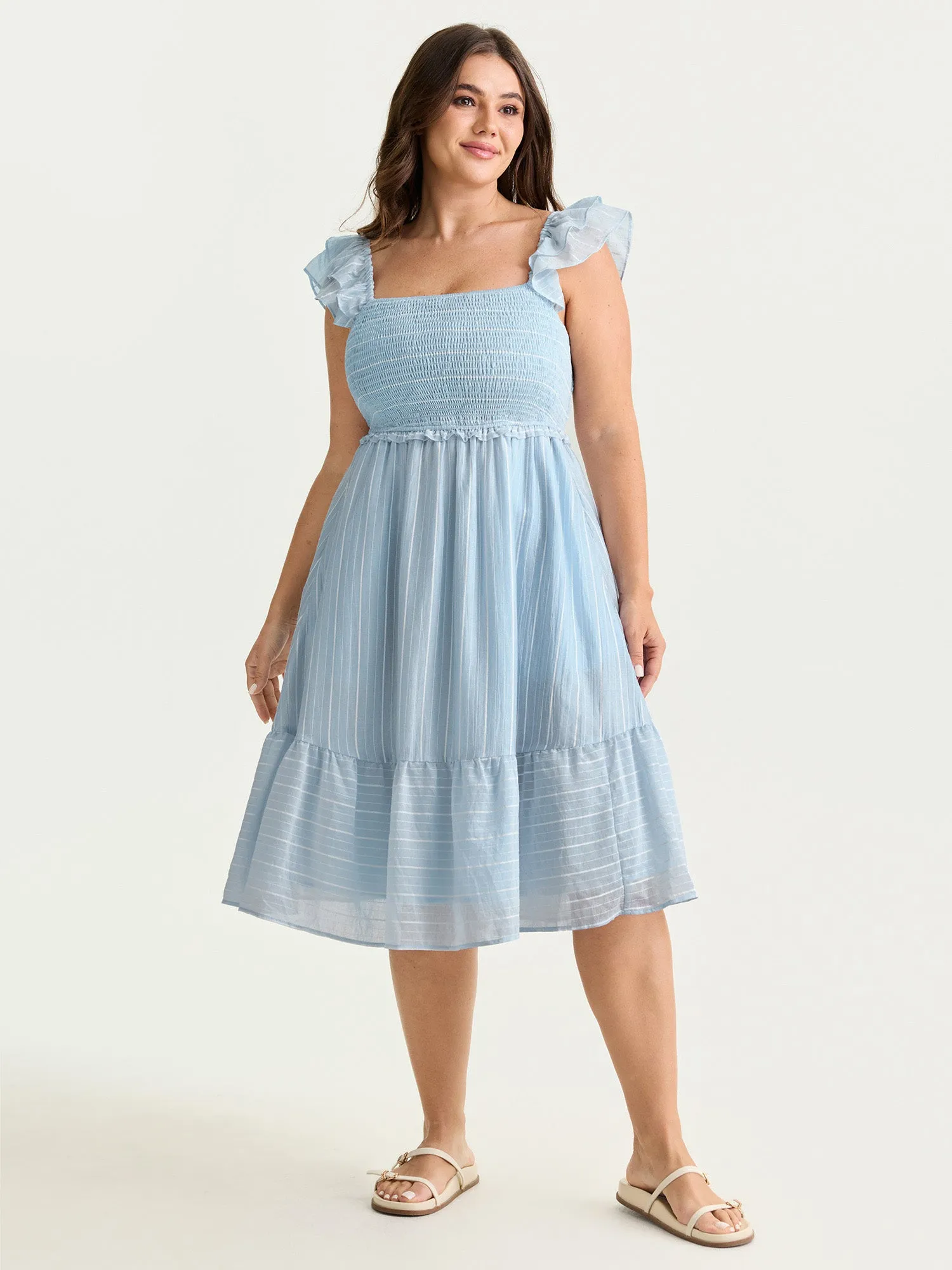 Striped Shirred Ruffled Layered Sleeve Mini Dress sold by Bloomchic product image thumbnail 3