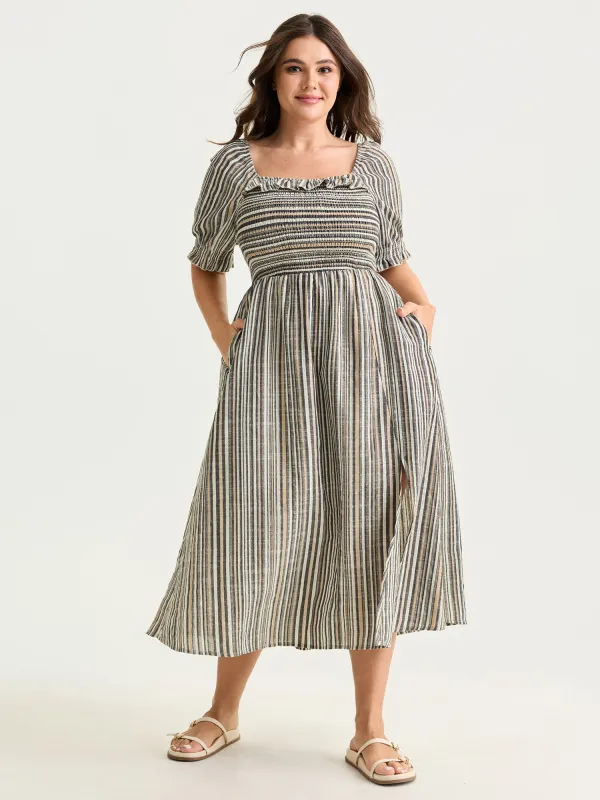 Striped Ruffled Neckline Puff Sleeve Midi Dress made by Bloomchic