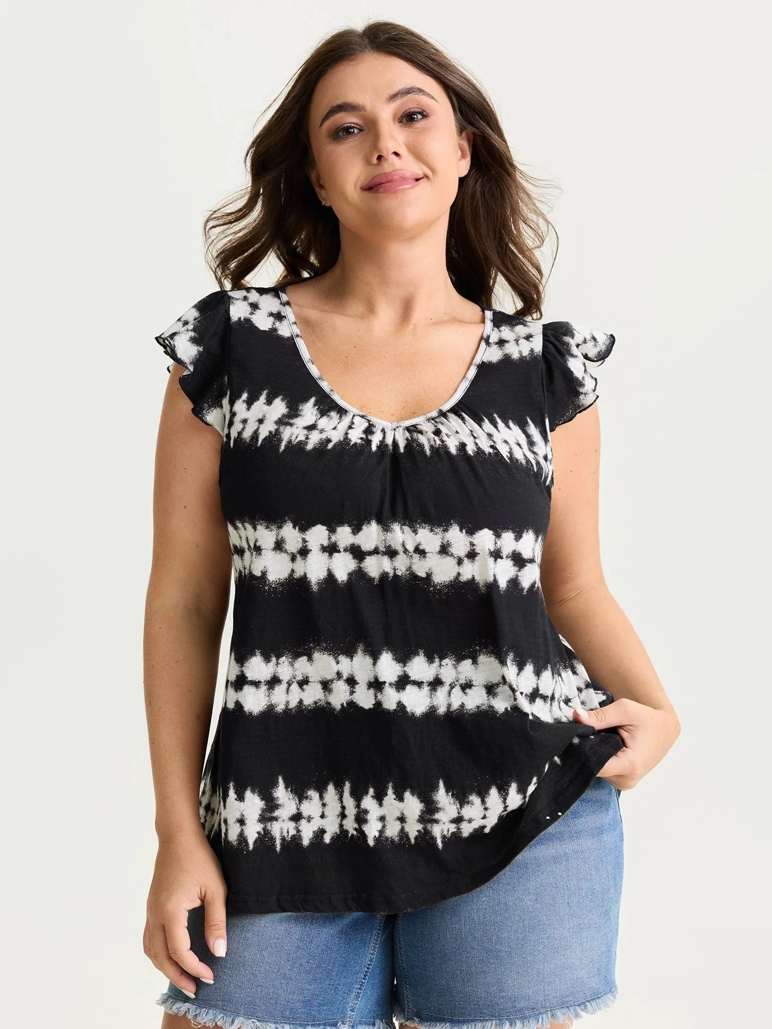 Cotton Stretchy Tie-Dye Effect Stripes Knit Top sold by Bloomchic