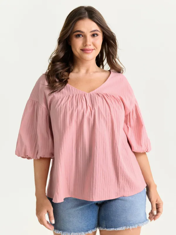 Cotton Striped V-Neck Bubble Sleeve Blouse made by Bloomchic