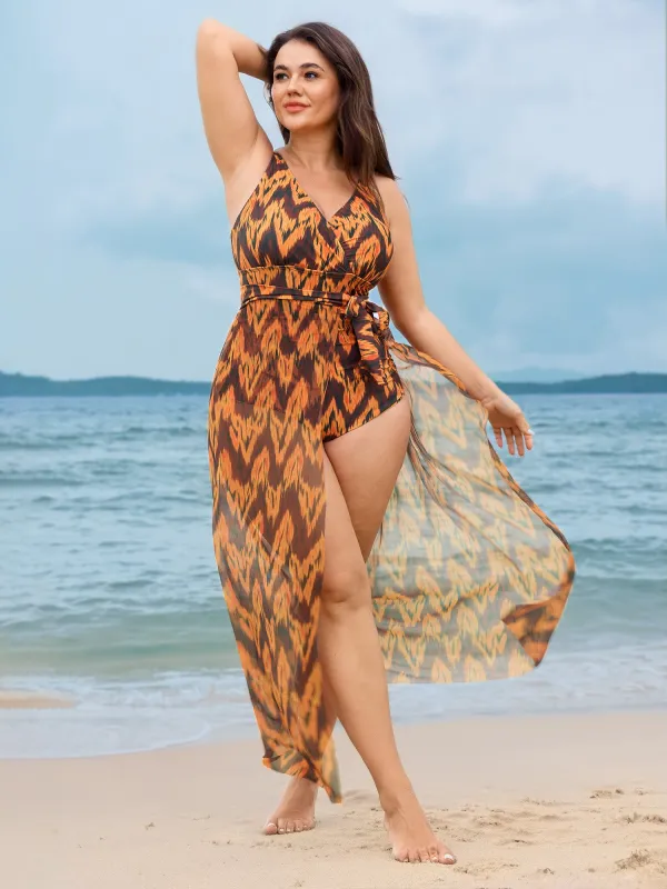 Sarong Geometric Print One-Piece Swim Set made by Bloomchic