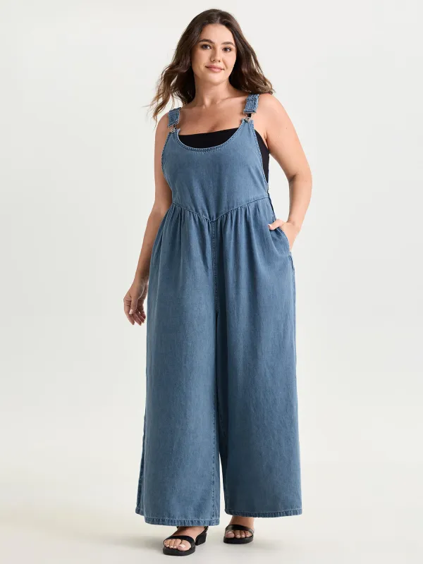 Pleated Adjustable Overall Straps Denim Jumpsuit made by Bloomchic