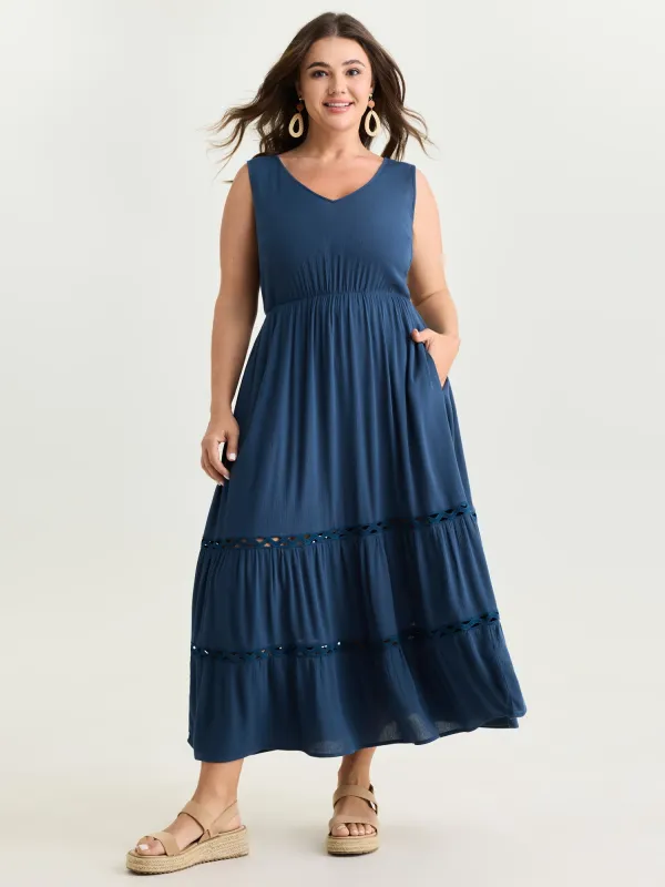Plain Tiered Lace Trim Maxi Dress made by Bloomchic