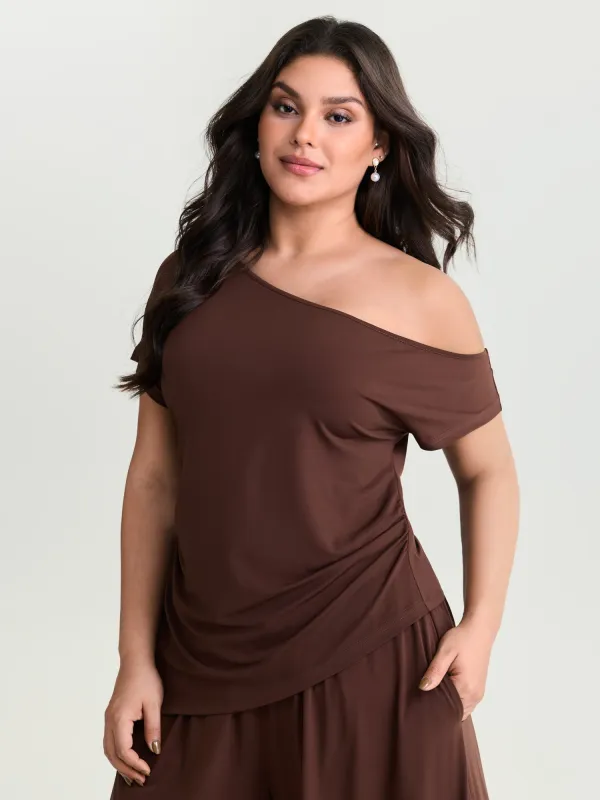 Supersoft Stretchy One-Shoulder Ruched Knit Top made by Bloomchic