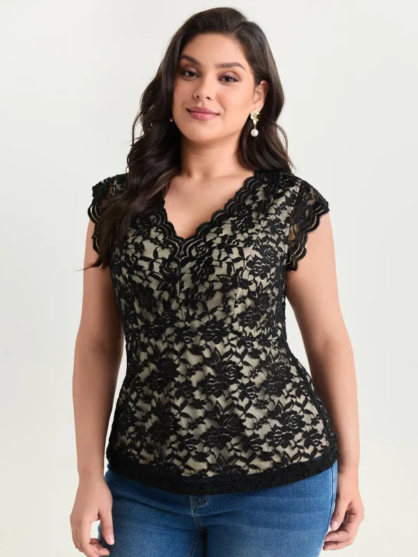 Floral Lace Mesh V-Neck Top made by Bloomchic