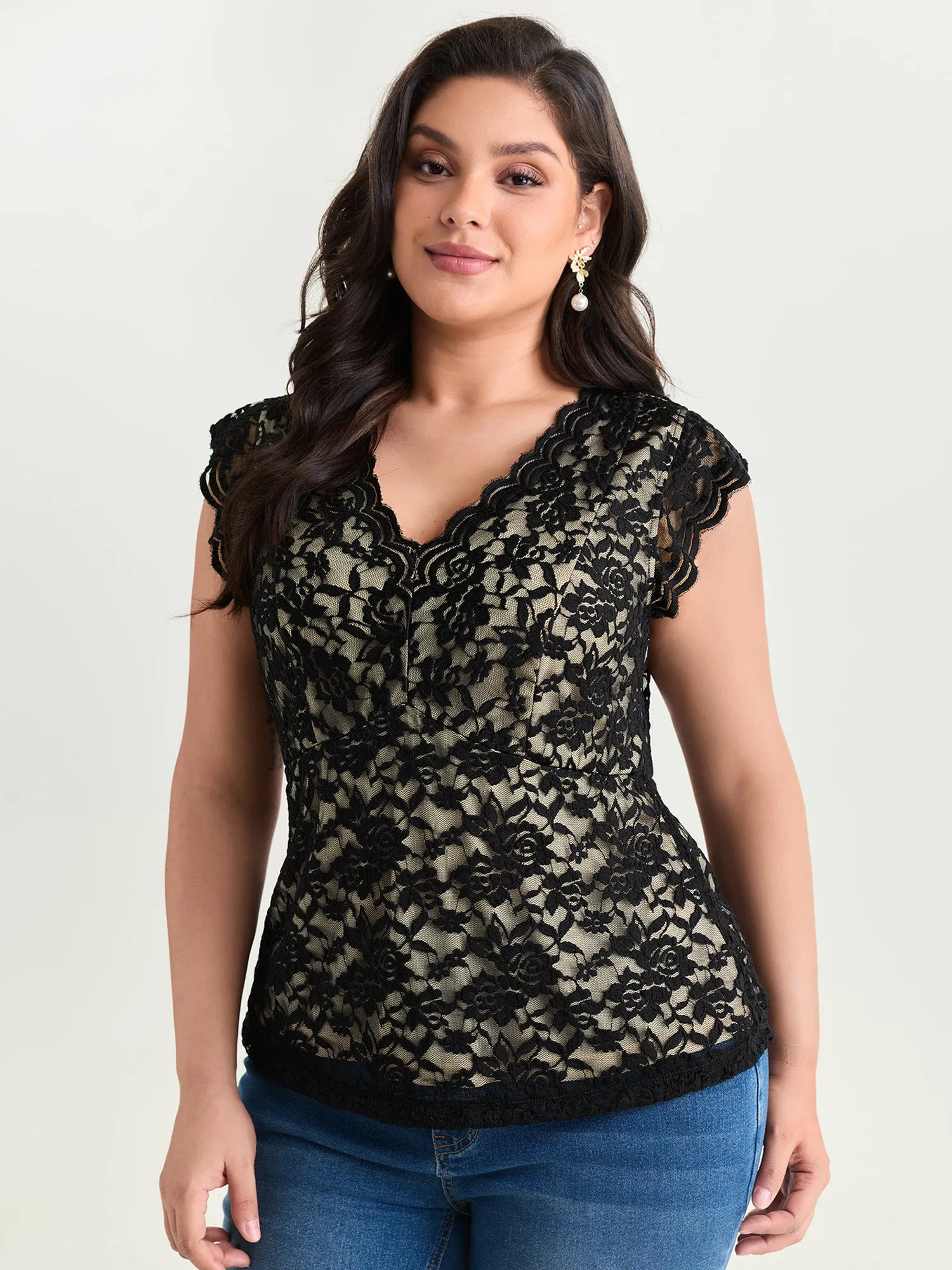 Floral Lace Mesh V-Neck Top sold by Bloomchic