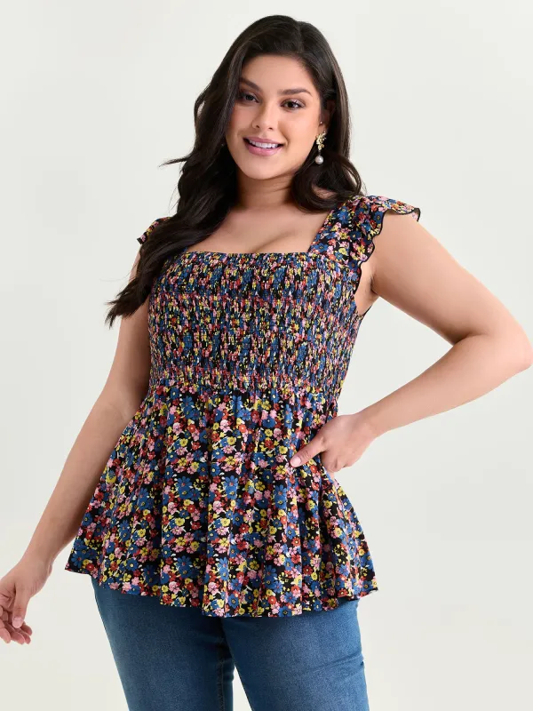 Floral Print Shirred Wide Straps Blouse made by Bloomchic