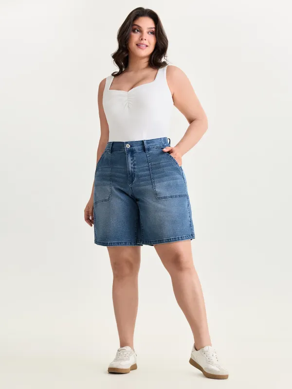 Stretchy Elastic Back Waistband Denim Shorts made by Bloomchic
