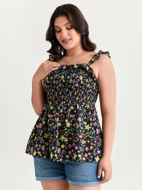 Floral Print Shirred Fit And Flare Tank Top made by Bloomchic