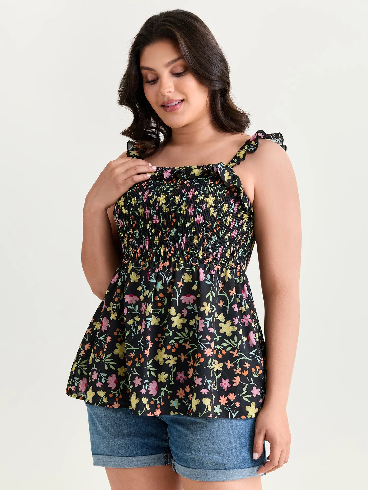 Floral Print Shirred Fit And Flare Tank Top sold by Bloomchic
