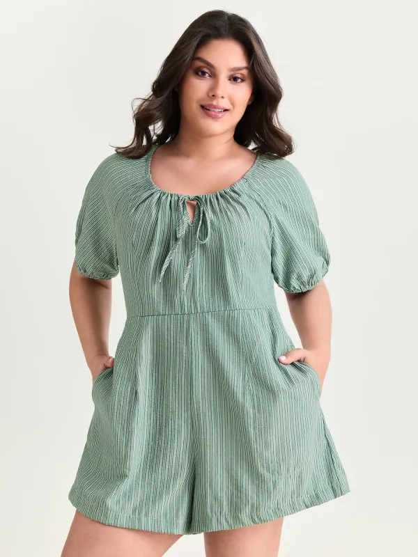Striped Textured Drawstring Neckline Romper made by Bloomchic