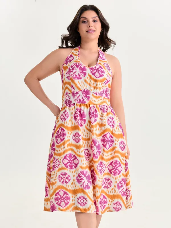 Tie-Dye Floral Effect Shirred Midi Dress made by Bloomchic