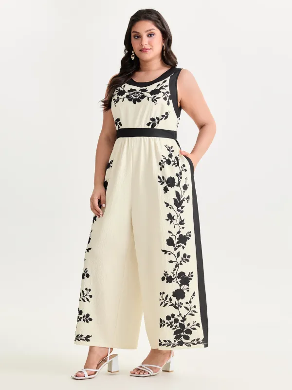 Color Contrast Floral Print Back-Tie Jumpsuit made by Bloomchic
