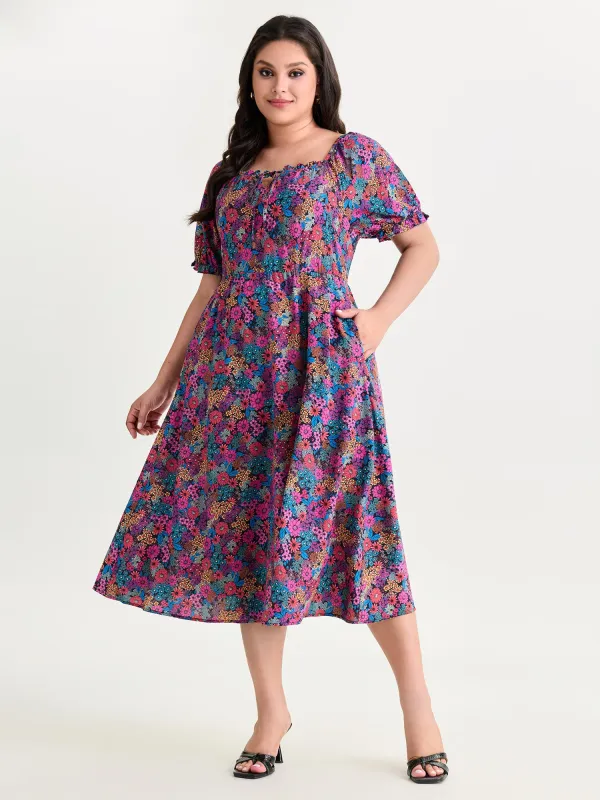 Sweet Floral Print Puff Sleeve Midi Dress made by Bloomchic