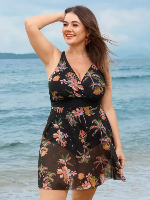 Tropical Floral Print Mesh Swim Dress made by Bloomchic