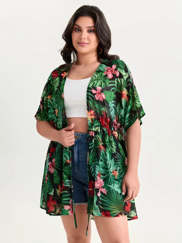 Tropical Floral Print Front-Tie Kimono made by Bloomchic