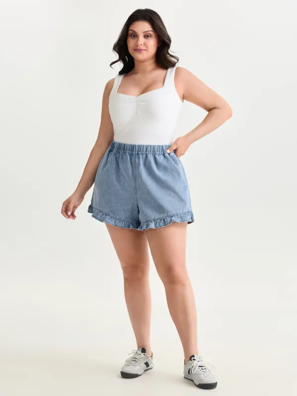Elastic Waistband Straight-Leg Denim Shorts made by Bloomchic