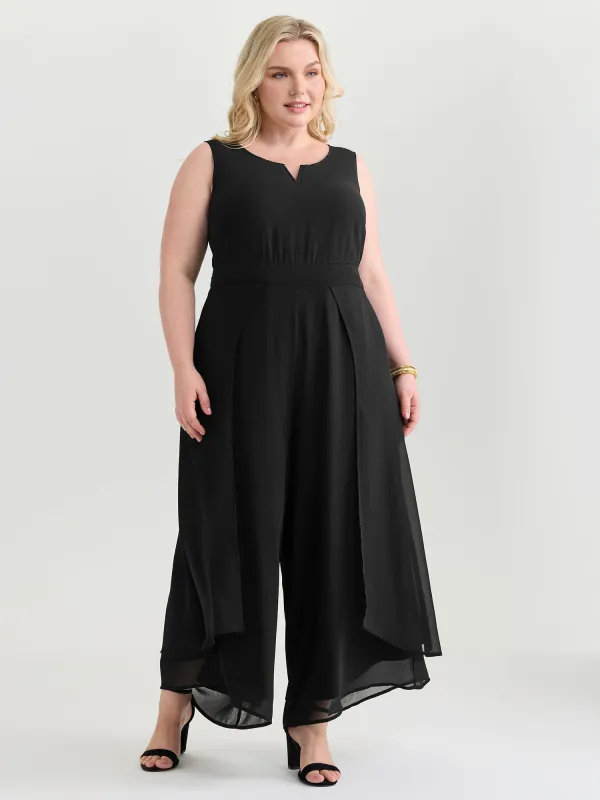 Split Neckline Curvy Hem Plain Jumpsuit made by Bloomchic