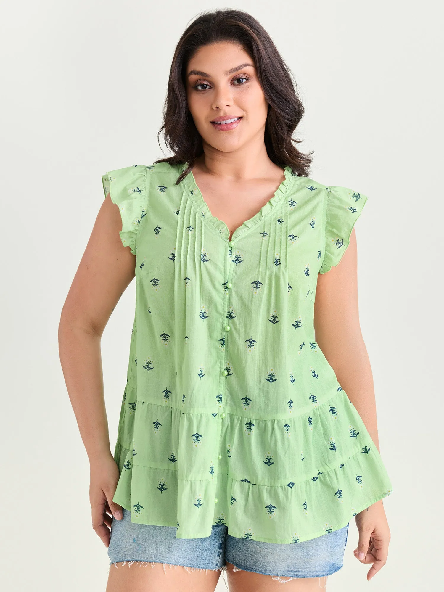 Cotton Anchor Print Lace Ruffled Sleeve Blouse sold by Bloomchic