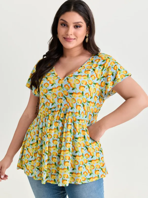 Cotton Stretchy Floral Print V-Neckline Knit Top made by Bloomchic